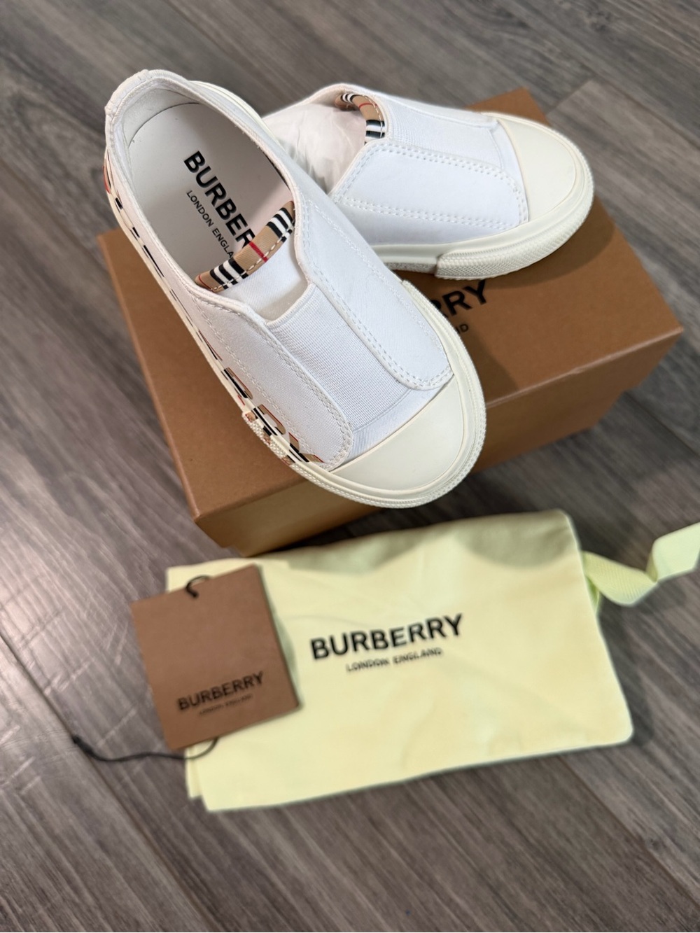 Burberry White Kids Slip-On Sneakers with Check Trim